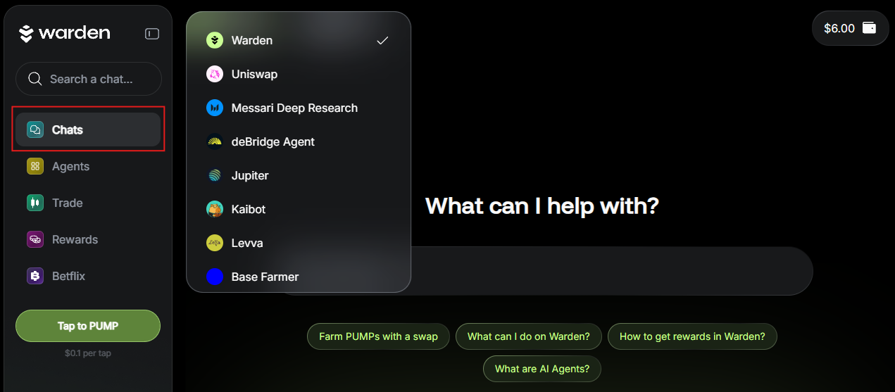 The drop-down menu with AI Agents in Warden